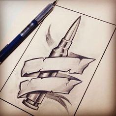 a pencil drawing of a dagger and banner