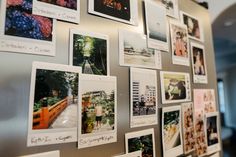 a refrigerator covered in pictures and magnets with writing on the front, side by side