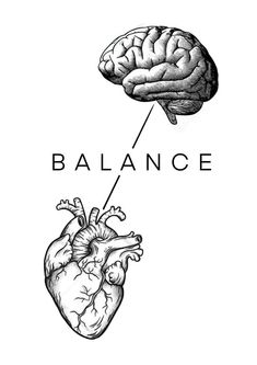 a drawing of a human heart and a brain with the word balance written below it