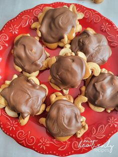 chocolate covered cookies are on a red plate