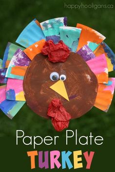 a paper plate turkey craft with the words paper plate turkeys