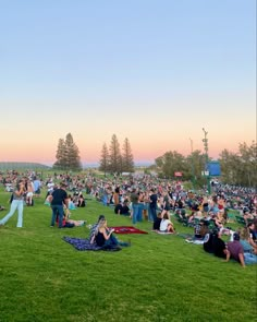 a large group of people sitting on top of a lush green field next to trees