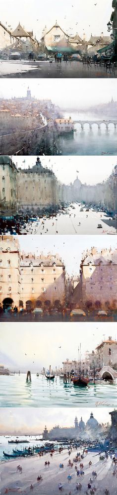 four watercolor paintings of boats and buildings in different stages of being taken from each other