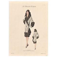 This is a fabulous Art Deco fashion plate from a collection called “La Grande Couture” published in France in the late 1920’s. It showcases the latest of chic modernist fashion of the Art Deco period designed for the sophisticated modern woman. It features a luxurious and plush sable fur coat. Note the long shawl collar with lined fur trim that extends the length of the coat.  The thick fur lined cuffs and hemline further add to the sumptuous feeling of the coat.  Note too the fabulous cloche ha 1920s German Expressionism, 1917 Womens Fashion, 1920s Fashion Patterns, French Fashion History, 1920s Art Deco Fashion, 19th Century Mexican Fashion, 1929 Womens Fashion, Burlesque Fashion Vintage, Authentic 1920s Fashion