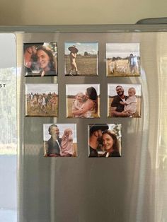 a stainless steel refrigerator with many pictures on it's side and magnets attached to the door