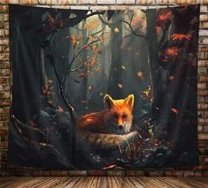 a tapestry hanging on a brick wall with a red fox in the woods