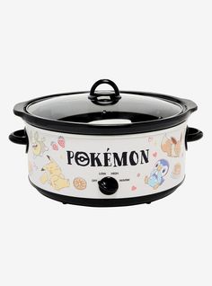 a white and black slow cooker with pokemon stickers on it's side