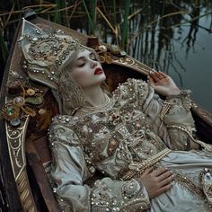 a woman in a white dress laying on top of a boat