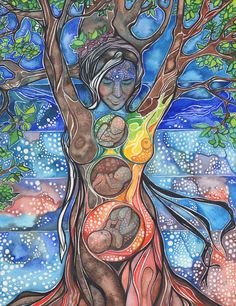 a painting of a tree with many different colors and shapes on it, in the shape of a woman's body