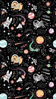 an image of the outer space with astronauts and planets in black, white and pink colors