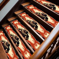 the stair treads are decorated with pictures of elephants