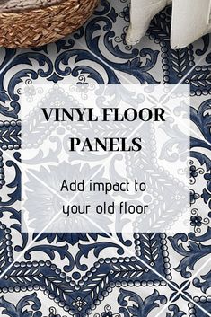 an old floor with blue and white tile that says vinyl floor panels add impact to your old floor