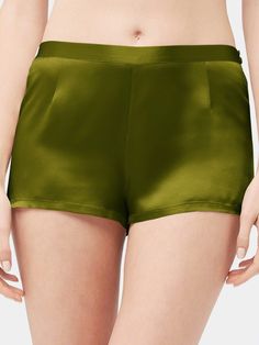 Crafted from the highest grade pure silk, the silk sleep shorts are superbly soft and perfect for summer. They feature a narrow waistband with an elasticated back for a comfortable fit. Green Satin Sleepwear For Summer, Summer Satin Shorts For Loungewear, Summer Pajama Shorts For Sleep, Satin Bottoms For Summer Loungewear, Summer Satin Loungewear Bottoms, Summer Satin Bottoms For Loungewear, Chic Summer Sleep Bottoms, Summer Sleep Shorts With Short Legs, Satin Pajama Shorts For Summer Loungewear