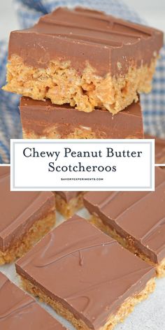 chewy peanut butter scotcheroos are stacked on top of each other with the text overlay