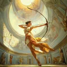 a painting of a woman with a bow and arrows in her hand, standing inside a domed room