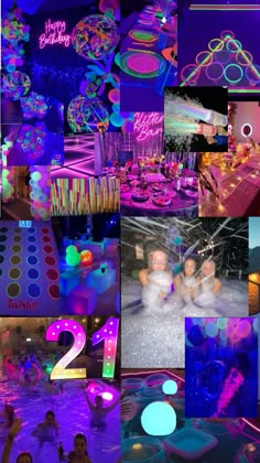 the collage shows many different images of people in an indoor swimming pool, with neon lights and decorations