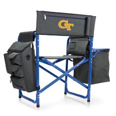 a folding chair with two bags on it