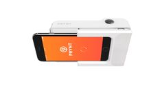 an orange and white cell phone is attached to the back of a smart phone holder