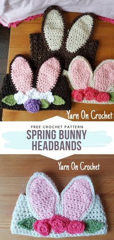 three crocheted bunny ears are shown with the text, yarn on crochet