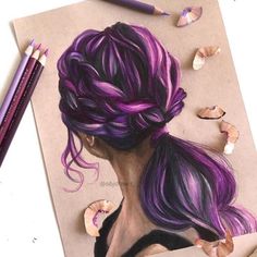 a drawing of a woman's head with purple hair and braids in it