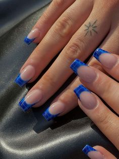 #nails #frenchtipnails #blue Blue French Tip Nails Long Square, Blue Design French Tip Nails, Nail Ideas Designs Summer, Blue Cool Nails, Blue French Tip Summer Nails, Deep Blue French Tip Nails, Beachy Square Nails, Blue Festival Nails, Nails 2024 Coffin