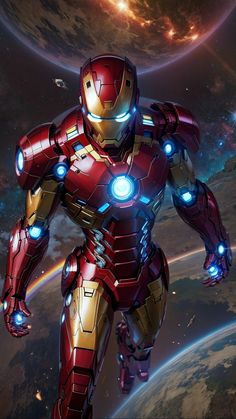 an iron man standing in front of a planet with stars and planets behind it,