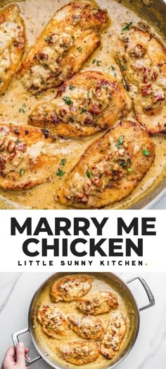 the recipe for mary me chicken is in a skillet and ready to be eaten