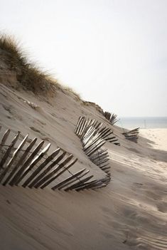 a row of wooden fences sitting on top of a sandy beach