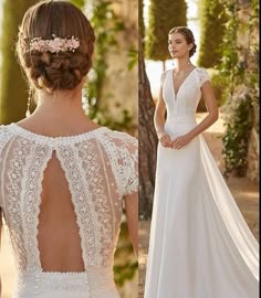 a woman wearing a wedding dress with an open back and flowers in her hair is standing outside