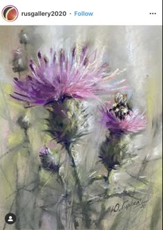 a painting of two purple flowers with a bee on it