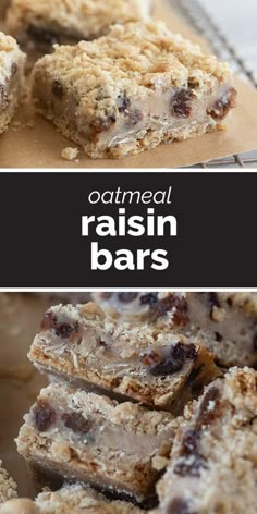 oatmeal raisin bars stacked on top of each other with text overlay