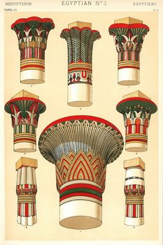 an image of egyptian designs from the late 19th to early 20th century, including columns and pillars