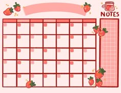 a pink calendar with strawberries on it and the words notes written in red ink