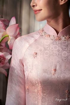 Wedding Pink Ao Dai With Floral Embroidery, Elegant Pink Ao Dai With Floral Embroidery, Pink Elegant Fitted Ao Dai, Pink Fitted Long Sleeve Ao Dai, Traditional Pink Long Sleeve Ao Dai, Ao Dai Vietnam