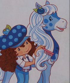 a drawing of a girl brushing her hair next to a blue horse with polka dots on it