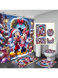 a bathroom decorated for christmas with mickey and minnie mouse shower curtain, toilet seat cover and rug