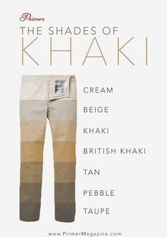 Tonos de color caqui Pantalones - colores de tela de algodón Celana Khaki, Shades Of Khaki, Khaki Pants Outfit, Pants Outfit Men, Fashion Dictionary, Fashion Terms, Fashion Vocabulary, Men Stylish Dress