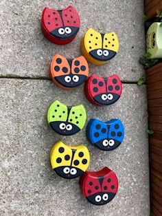 six ladybug magnets are sitting on the sidewalk