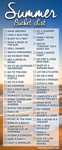 the summer bucket list is shown in blue and white