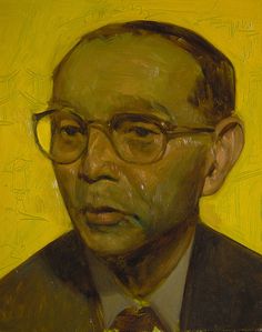 a painting of a man wearing glasses and a suit