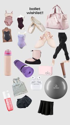 an assortment of ballet clothes and accessories are arranged in the shape of a ballerina