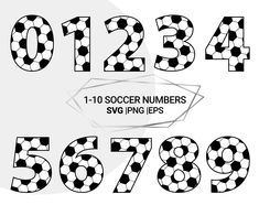 the numbers are made up of black and white soccer balls with arrows pointing to them