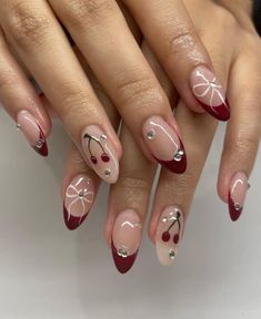 Red Almond Shape Nails Designs, Red Homecoming Nails Almond, Red Cherry Nails Design, Almond Nails Designs Cherry, Red Nail Designs Cherry, Almond Nails Cherry Red, Cherry Gel Nails Short, Cherry Red Nail Ideas, Red Nails French Tip Almond