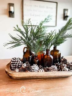 a tray with bottles and pine cones on it