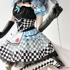 Qteee - Halloween Costume: Exquisitely Designed Vampire Clown Lolita Dress with Maid Lattice Print Fitted Harajuku Dress For Costume Party, Fitted Blue Harajuku Costumes, Fitted Harajuku Style Halloween Dress, Fantasy Dress For Halloween Themed Events, Harajuku Style Blue Cosplay Costume For Halloween, Harajuku Blue Cosplay Costume For Halloween, Harajuku Dresses For Cosplay Events, Harajuku Style Dresses For Party And Cosplay Events, Witchy Dresses For Costume Party And Cosplay Events