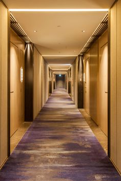 an empty hallway with purple carpeting and lights on either side, leading to elevators