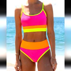 Nwt Popvil High Waisted Bikini Set For Women Color Block Two Piece Swimsuit Ribbed Bathing Suit Two-tone Color Block Swimwear For Poolside, Two-tone Color Block Swimwear For Beach, Multicolor High-waist Beachwear Swimwear, Orange Triangle Top Swimwear With Built-in Bra, Multicolor Stretch Swimwear With V-neck, Neon Bikinis, Woman Colour, Bathing Suit, Pink Yellow