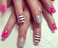 Pink and black nails art White Pink Black Nails, Pink And Black Valentines Nails, Pink White And Black Nails, Pink Black And White Nails, Punchy Nails, Nails Design Pink, Nailart Simple, Spice Nails