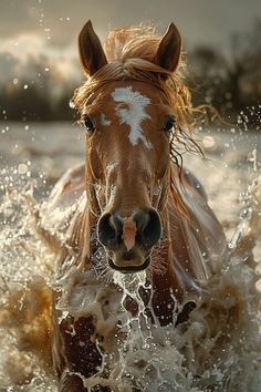 a horse is running through the water with it's head in the air and looking at the camera