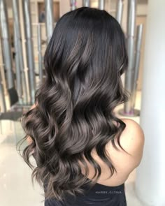 Ash Brown On Black Hair Balayage, Dark Brown With Mushroom Brown Balayage, Black With Ash Brown Highlights, Black And Ash Brown Balayage, Dark Mushroom Brown Balayage, Ash Brown Balayage Black Hair, Ash Brown Balayage Dark Asian, Black Hair Mushroom Balayage, Black To Ash Brown Balayage